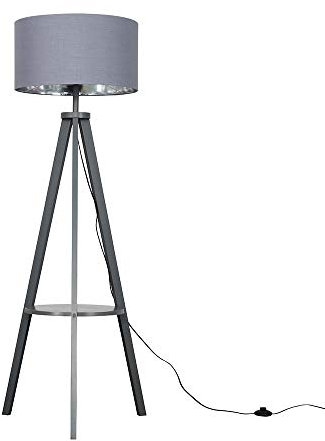 MiniSun | Modern Grey Wood Tripod Design Floor Lamp with Storage Shelf & Grey/Chrome Drum Shade - Complete with a 6w LED Bulb [3000K Warm White] | Floor Lamps & Home Improvements Essential