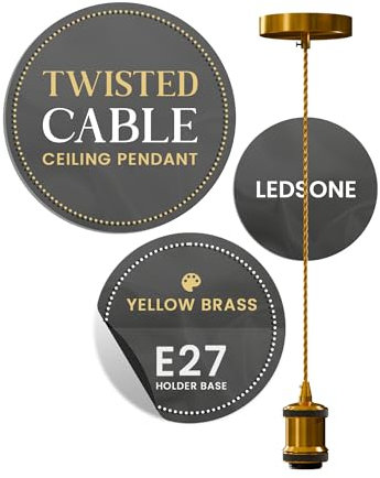 LEDSone Pendelleuchte aus Metall E27 mit gedrehtem Kabel, Deckenpendelleuchte E27, Vintage-Stil, antikes Messing, Pendelleuchte für Lampenfassung, Fassung (Gelbes Messing)