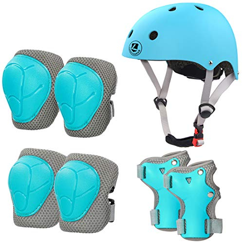 LANOVAGEAR Kinderhelm Schonerset 2-8 Jahre, Skatehelm Protektoren Kinder Knieschoner inliner Schutzausrüstung Set Für Skateboard Roller Fahren Scooter (Eisblau, S)