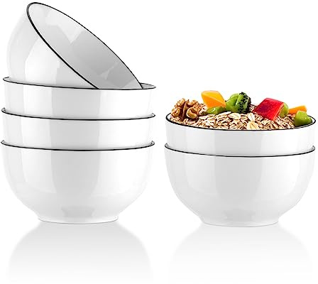 YOLIFE 26 Ounce Soup Bowls, Porcelain Cereal Salad Bowls - Set of 6… | 6 inch Ceramic Oatmeal Bowls, White Salad Bowls for Breakfast, Rice, Pasta, Dishwasher Microwave Oven Safe