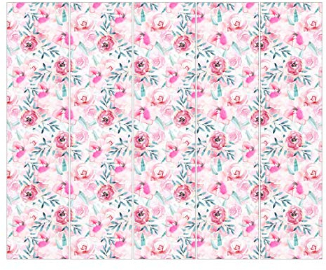 Schiebegardinen Set Aquarell Blumen Pink mit Blauen Blättern 5 Flächenvorhänge 250 x 300cm Ohne Aufhängung