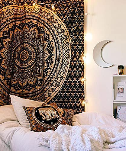 raajsee Wandteppich Mandala,Zimmer Deko, schwarzes Gold Wandtuch Boho WandDeko,Wandbehang Psychedelic 132X208 CM