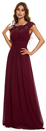 Ever-Pretty Damen Abendkleider Kurze Ärmel Rundkragen Spitze Empire A-Linie Elegant Weihnachtskleid Damen Bodenlang Ballkleider Burgund 44EU