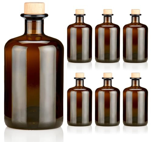 6x Apothekerflaschen braun 500ml leer Holzkorken natur, elegante Braunglas Flaschen schwarz antik für Öl, Gin, Kräuter Schnaps od. als Geschenk 0,5L Glasflaschen