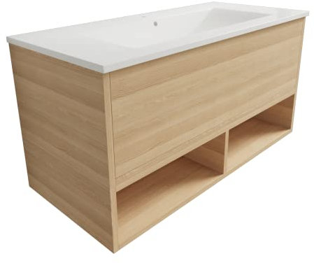 Atrios Modelo Bastet Conjunto Baño Estilo Madera con 1 Cajón, 2 Huecos y Lavabo Porcelánico, Mueble MONTADO, Suspendido en Pared, Laminado Fresno, 80 cm