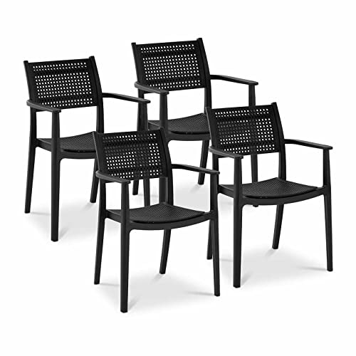 Royal Catering RCFU_07 Stuhl 4er Set bis 150 kg geflochtene Rückenlehne Armlehne schwarz Kunststoffstühle Esszimmerstühle