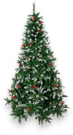 KORAT Albero di Natale Innevato con Bacche Rosse e Pigne Folto Effetto Neve Realistica, Base in Metallo Ultra Stabile Albero Natalizio Premium Facile da Montare (150 cm - 380 Punte)