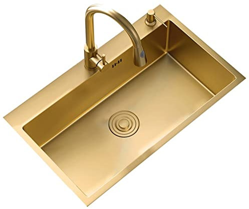Küchen Großes Einzelbecken In Gold Waschbecken In Mehreren Größen Küchenspüle Zu Hause Edelstahlspüle Mit Wasserhahn Und Zubehör Einfach Zu Säubern Küchenspülen (Color : Gold, Size : 60 * 45cm)