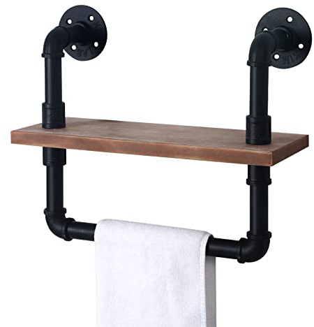 HouseAid Étagère industrielle en tuyau avec barre porte-serviette, 39,1 cm, étagère flottante de style rustique vintage pour salle de bain, fixation murale, noir mat