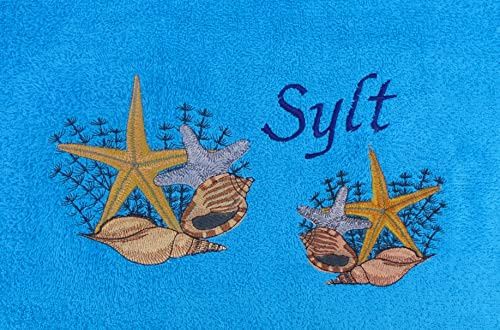 pinkeSterne ☆ Besticktes Handtuch Duschtuch SYLT SEESTERN mit Motiv Personalisiert Name Badetuch Insel Meer Muscheln Unter Wasser