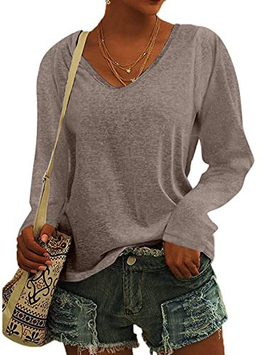 KOG Bluse Damen Elegant Langarm T-Shirt Tops Shirt Casual Weiß Oberteile Frauen Schwarz Kleidung Frau Grau Sommer Shirts Top Damen V-Ausschnitte Tshirt Casual Rundhals Klamotten Teenager Braun XXL