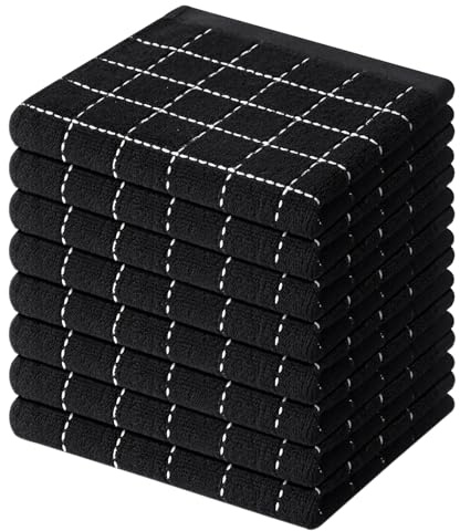 Mordimy Paños de Cocina de Rizo 100% algodón, Suaves y absorbentes, paños de Cocina a Cuadros, Trapos de Secado rápido para Lavar Platos, Paquete de 8, 12 x 12 Pulgadas, Color Negro