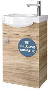 Planetmöbel Badmöbel Set Waschtisch mit Unterschrank 40 x 60 x 29 cm mit Waschtischarmatur Chrom für Badezimmer, Gäste WC & Bad, Sonoma Eiche