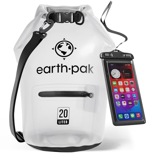 Earth Pak Dry Bag – Wasserdichter Packsack mit Reißverschluss Tasche, Schultergurt und wasserfester Handyhülle – Ideal beim Kajak Fahren, Camping, Angeln, Bootfahren und Rafting (Klar, 20L)