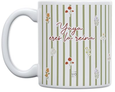 UO Taza Yaya, Eres la Reina. Diseño Elegante con Rayas. Regalo Emotivo para Abuelas. Cerámica Resistente. Multicolor, 350 ml Capacidad.
