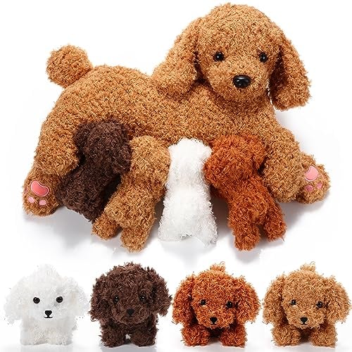 Honoson Pflegender Hund Stofftier mit Welpen Set Stillende Mama Hunde Plüschtier mit 4 Baby Welpen Weiche Süße Kuscheltiere für Mädchen Jungen Kinder Geburtstag Geschenke Party Mitgebsel