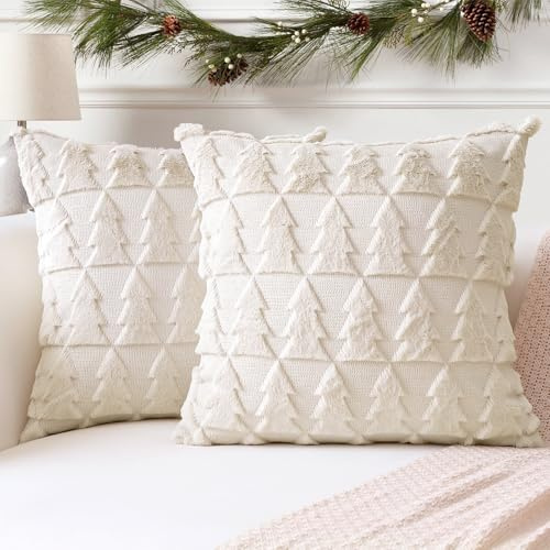 Artscope 2er Set Wolle Kissenbezüge Weicher Plüsch Kurzer Wollsamt Dekokissenbezuge Luxuriöses Sofakissen Europäische Kissenhülle für Sofa Schlafzimmer Weihnachtsbaum Creme Beige, 45x45cm