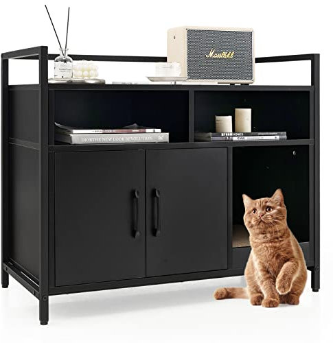 Maxmass Cat Litter Box Enclosure, Hidden Kitty Washroom House with Storage Compartments, Scratching Board and Adjustable Foot Pads, Wooden Cat Storage Cabinet for Bedroom, Living Room (Black)