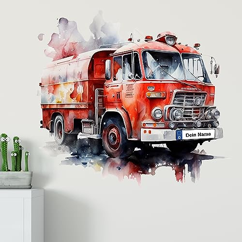 GRAZDesign Wandtattoo Feuerwehr Kinderzimmer Junge mit Namen personalisiert, Wand Aufkleber Tattoo Kinder Auto, Feuerwehrauto Wandaufkleber für Jungenzimmer 61x57cm