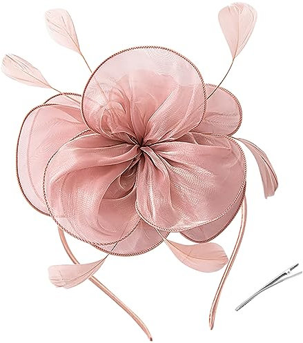 Fascinator Hat Headband,Elegant Women Fascinator Clip Flower Feather Headband Headwear Headpiece for Tea Party Church Wedding Races Ladies Derby Hat Peach Pink