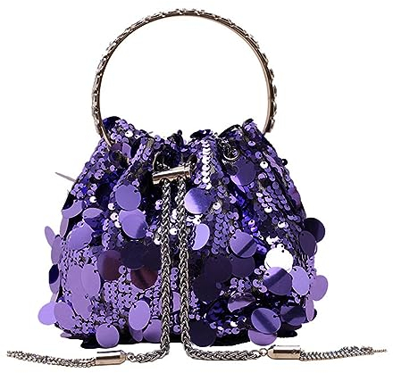 Yurosiay Pailletten Abendtasche Damen Mode Kordelzug Handtasche Mit Metallquaste Glitzer Pailletten Eimertasche Schultertasche Umhängetasche Glänzende Clutch Abendtasche Kettentasche Lila