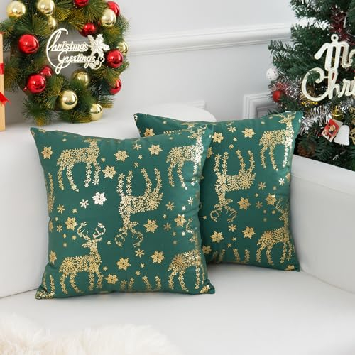 Weihnachten Grün Elch Kissenbezug 40x40 cm 2er Set Samt Modern Dekorative Bronzieren Kissenbezüge Festival SofaKissen Gemütlich Weich Quadratisch Heimdekoration für Auto Couch Schlafzimmer