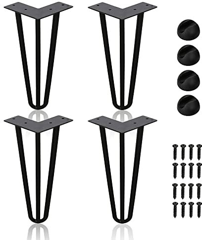 Ansobea Lot de 4 pieds de table en métal noir avec pieds à 3 barres, pour bureau, table et table basse, pieds de table en épingle à cheveux avec protections de sol et vis (15 cm)