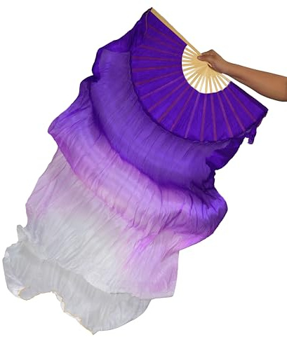 HEARTTOUCH Women 1 Pair(Left+Right) 100% Real Silk Belly Dance Fan 1.8 Meter Bamboo Long Silk Fans Veils for Belly Dancing