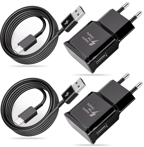 2 Pack 15W USB C Cargador Rápido para Samsung Galaxy S21, S20 FE, S10, S9, S8 Plus, A54, A53, A52, A50, A34, A20e, A14, A13, Note 9/8, Z Flip3, Z Fold3, M54, M13 5G, con 2m Línea de Carga Negro