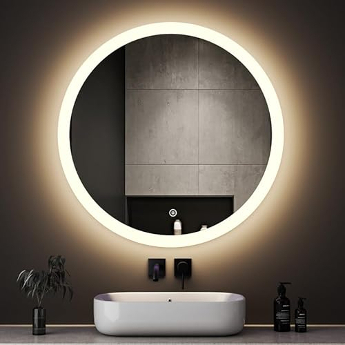 Boromal LED Badspiegel Rund mit Beleuchtung 60x60cm LED Spiegel Rund 3000K-6500K 1810LM Runder Badezimmerspiegel mit Beleuchtung Wandspiegel mit 3 Lichtfarbe Dimmbar Touchschalter