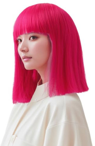 Prettyland Event Femmes perruque bob droite frange mi-longue courte lisse résistant à la chaleur pour spectacle carnaval magenta rose