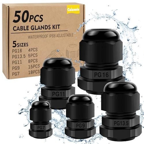 Caianwin - Set di 50 pressacavo IP68, impermeabile, PG7, PG9, PG11, PG13.5, PG16, nero, set di raccordo a vite per cavo, scatola di derivazione, scatola di distribuzione