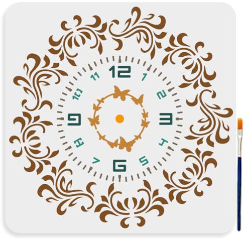 MAYJOYDIY Blumenuhr Schablone 30 × 30cm Große Blumenuhr Schablone Mit Pinsel Vintage Verzierte Uhr Schmetterlings Schablone Zum Bemalen von Möbeln Holz Leinwand Papier Wänden