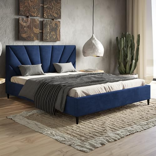 MOTIVENA Lea Polsterbett 180x200 mit Füßen, Bett 180x200 mit lattenrost, Polsterbett 180x200 ohne Bettkasten, Polsterbett 180x200 Samt, mit Kopfteil, ohne Matratze, Blau (Dunkelblau)