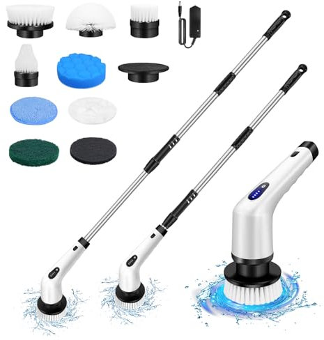 Electric Spin Scrubber Cordless Rechargeable, 2 Speeds Electric Cleaning Brush with 9 Replaceable Brush Heads and Extension Handle, Power Scrubber for Bathroom/Kitchen/Car/Tub and Floor Tile