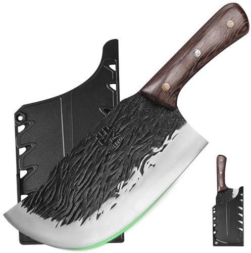 FULLHI Poignée en bois Couperet à viande lourd avec gaine, tranchage de viande de chef en acier à haute teneur en carbone pour le camping à la maison (marron, 21cm)