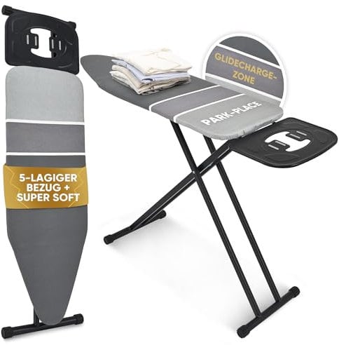 Avieto XXL Bügelbrett 124x47 cm für Dampfbügeleisen und Normale Bügeleisen | Bezug 5 Lagig Dampdurchlässig Hitzreflectierend GlideCharge & Park Place