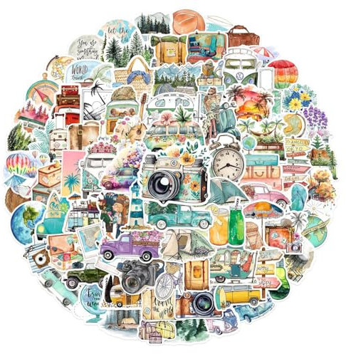 Vintage Travel Stickers, 100Pcs Cute Retro Travel Stickers Aesthetic Scrapbook Sticker Decor Sticker for Luggage Laptop Planners Phone Water Bottle Suitcase Notebooks Album Scrapbook Accessories