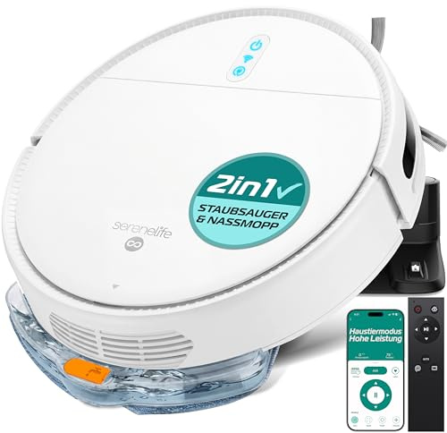 SereneLife Robot Vacuum Cleaner and Mop, Automatic Smart Vacuum with App Control, Powerful Suction, 3 Cleaning Modes, Auto Recharge, Dual Side Brushes, For Floors, Carpets & Pet Hair - White