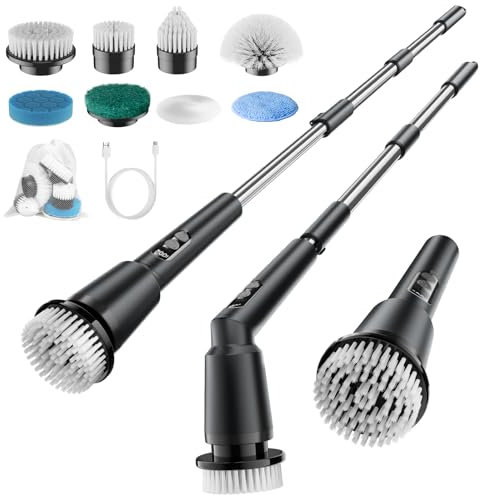 Electric Spin Scrubber Cordless, 8 Brush Heads, IPX7 Waterproof, 3 Speeds, Adjustable Handle (11-51”), Bathroom, Tile, Kitchen, Car & Floor Cleaning Tool (Black)