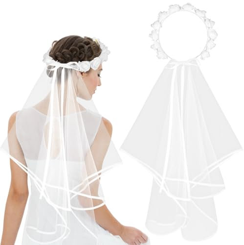 Lusofie Weiß Schleier Braut Damen Hochzeit Haarschmuck Kranz Kopfschmuck Brautschleier Mit Blumenkranz Stirnband Hochzeitsschleier Accessoires Für Hochzeits Bräute Party Festival Girlande Haare