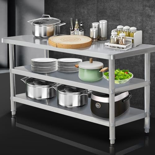 Arbeitstisch Gastronomie Küchentisch Edelstahltisch Zubereitungstisch, 3 Böden Zubereitungstisch Outdoor, Gewerbliche Zerlegetisch für Küche Bar Restaurantar(70*60*80cm/27.5*23.6*31.5in)