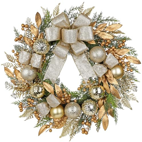 Arbrous Weihnachtskranz Künstlich 60 cm Adventskranz mit Beeren Künstlicher mit Weihnachtskugeln Seidenschleife Gold Weihnachtsschmuck Innen Tür Tisch Fenster Balkon Rustikal Deko