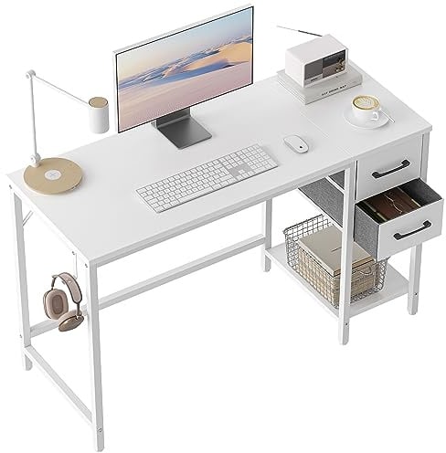 CubiCubi Computer Desk with 2 Drawers, 120 x 50 cm Reversible Office Desk, Modern Gaming Desk for Study, Bedroom, Living Room, White