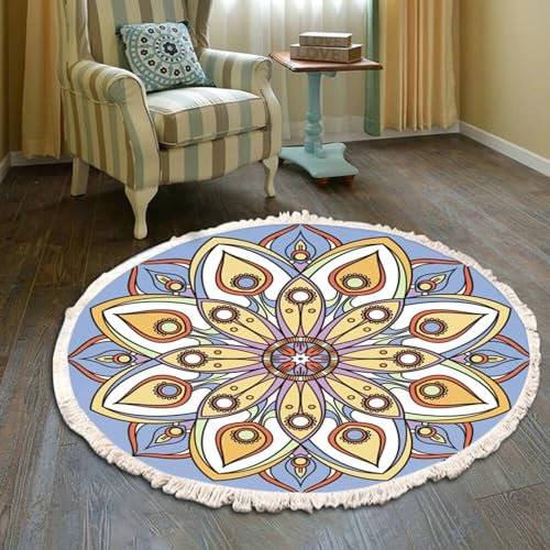 Gualiy Area Rug Boho Non Slip, Washable Rugs 80cm Mandala Pattern with Tassels Round Carpet for Living Room, Entryway, Bedroom, Kitchen and Passage