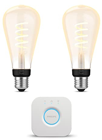 Philips Hue Starterpaket - E27 - mit 2 Filament Edison Glühbirnen Groß (ST72) - Warm bis Kaltweißes Licht - inkl. 1 Hue Bridge - Hue White Ambiance Filament