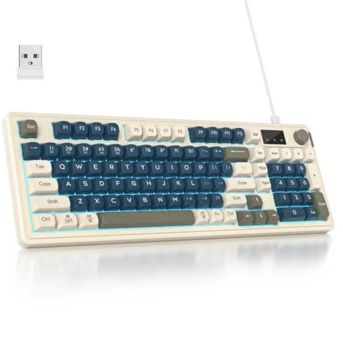 SOLIDEE Teclado de Membrana Inalámbrico 96% con Perilla,Cableado/Bluetooth 5.0/2.4G,Estructura Gasket,Retroiluminación RGB,98 Teclas Silenciosas con Sensación Mecánica,Teclado Numérico(Copper Gray)