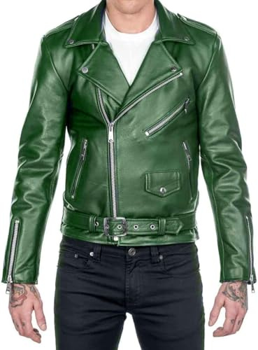 Herr vintage Brando-stil grön läderjacka – biker med bälte, klassisk stil, Grön - Fuskläder, XL