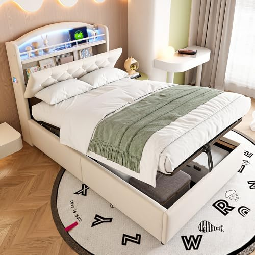 Gxffipw Hydraulisches Polsterbett Kinderbett 90x200 cm mit LED-Licht und USB-Type-C, Einzelbett Bett mit Stauraum und Kopfteil, Stauraumbett Bettrahmen mit Lattenrost, Samt, Beige, Ohne Matratze