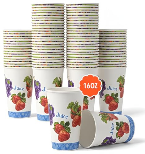 Disposable Paper Cups 16oz Single Wall 1000 Count White Fruit Hot Drinks | Food grade board with leak resistant lining and rolled rim, 50 per sleeve across 20 sleeves, for cafes, catering, offices